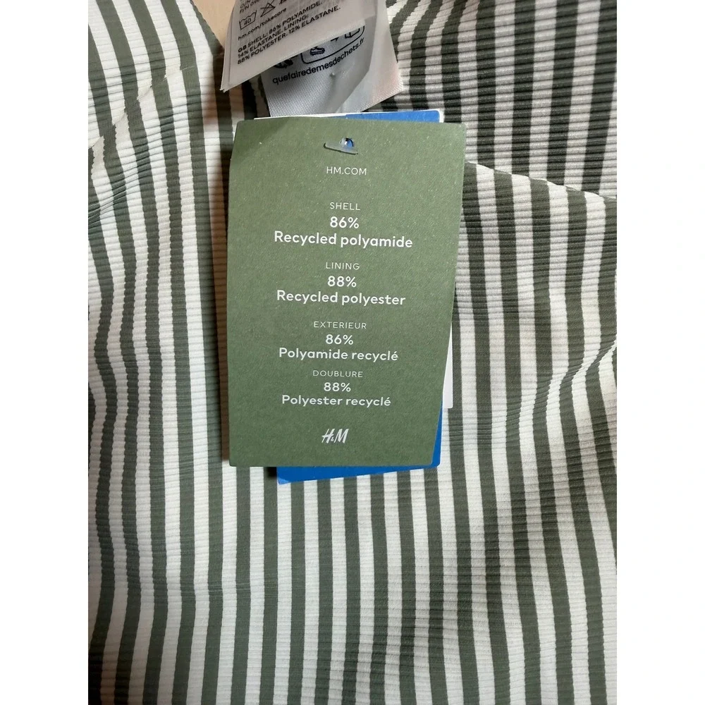 H&M Green White Striped Ribbed One Piece Swimsuit High Leg Tie Shoulder M NEW